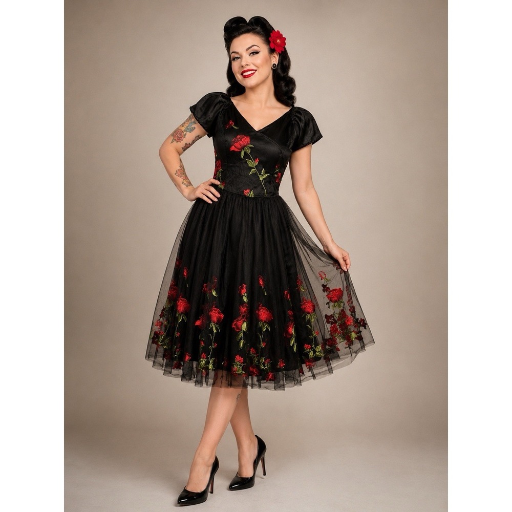 Vintage 50s Style Black Embroidered Fit Flare Dress Womens L Rockabilly Pin Up
